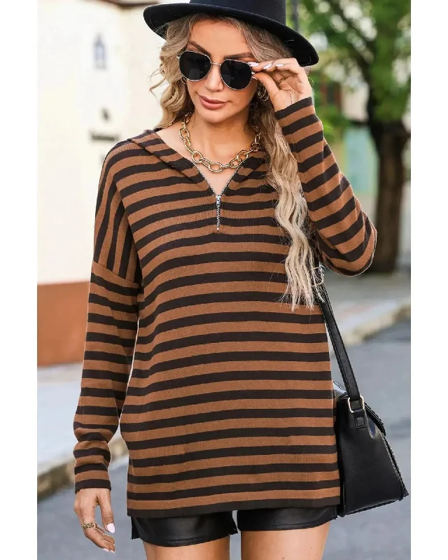 Azura Exchange Striped Knit Quarter Zip Hoodie - S Hoodie with V-Neck Classic Versatile