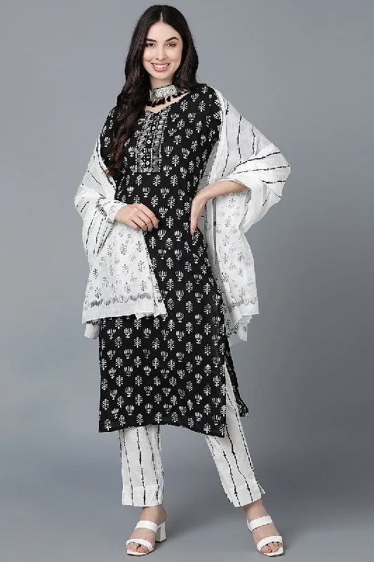 Black Cotton Straight Kurta Pant With Dupatta Set