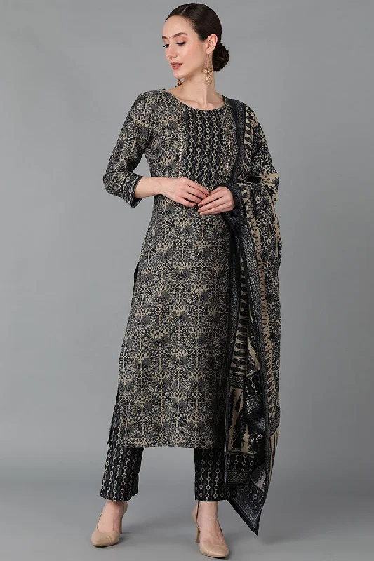 Black Silk Blend Straight Kurta Pant With Dupatta