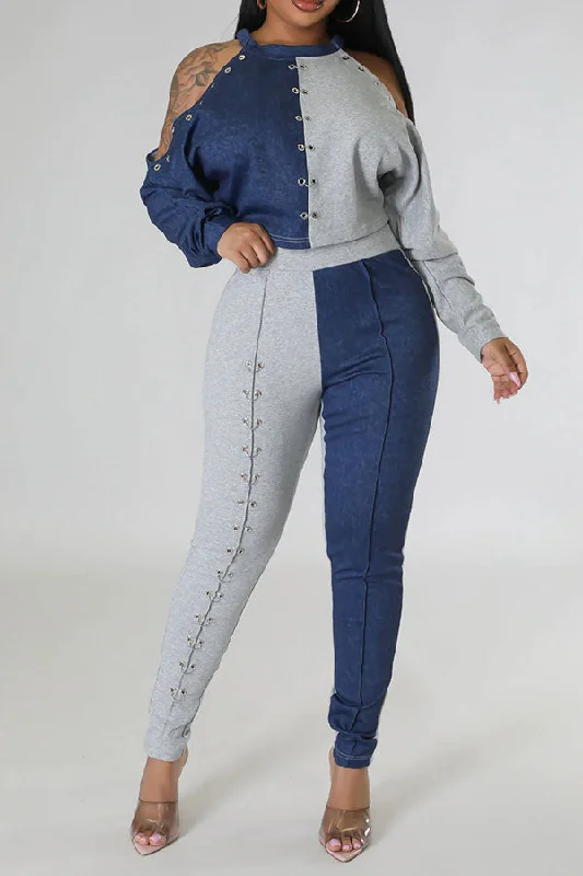 storexq Metal Decor Color Block Stylish Cold Shoulder Pant Suit Modern Bootcut Pants