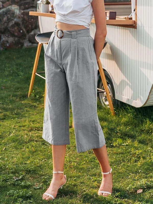 Simplee Buckle Belted Wide Leg Capri Pants Slim-Fit Khaki Pants