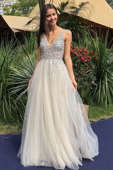 A-Line V-Neck Backless Floor-Length Ivory Tulle Prom Dress with Beading DMN20 Elegant Long Evening