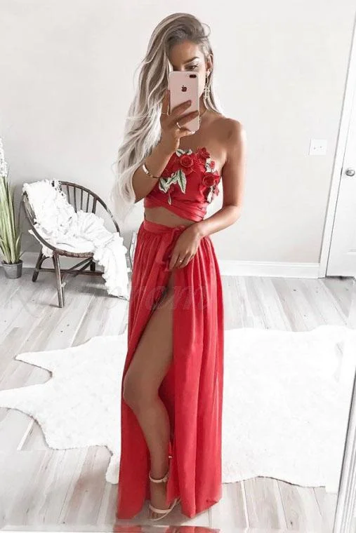 Two Piece Strapless Floor-Length Red Chiffon Prom Dress with Appliques DMQ98 Tunics Top rated