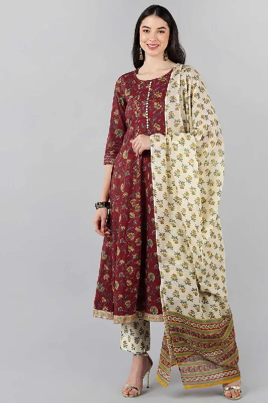 Maroon Cotton Flared Kurta Pant With Dupatta