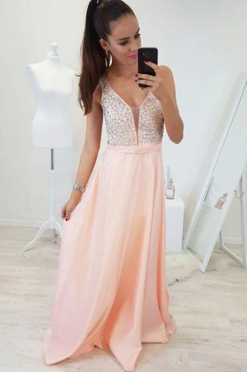 A-Line V-Neck Floor-Length Pearl Pink Prom Dress with Beading DMR6 Tunics Travel practical