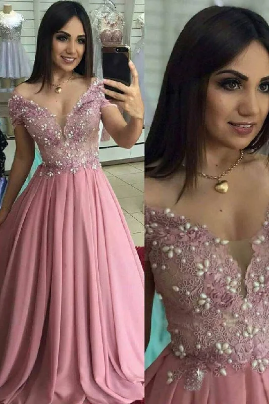 Off the Shoulder Dusty Rose Long Prom Dresses Pearl Lace Formal Dress DMO98 Tunics Practical durable