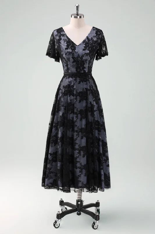 Black V-neck Short Sleeves Lace A-Line Mother of Bride Dress Tunics Gym athletic
