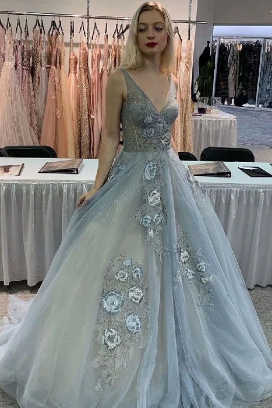 Gray V Neck Tulle Lace Appliques Long Prom Dress Formal Evening Dress DMQ46 Turtleneck Neckline Stylish