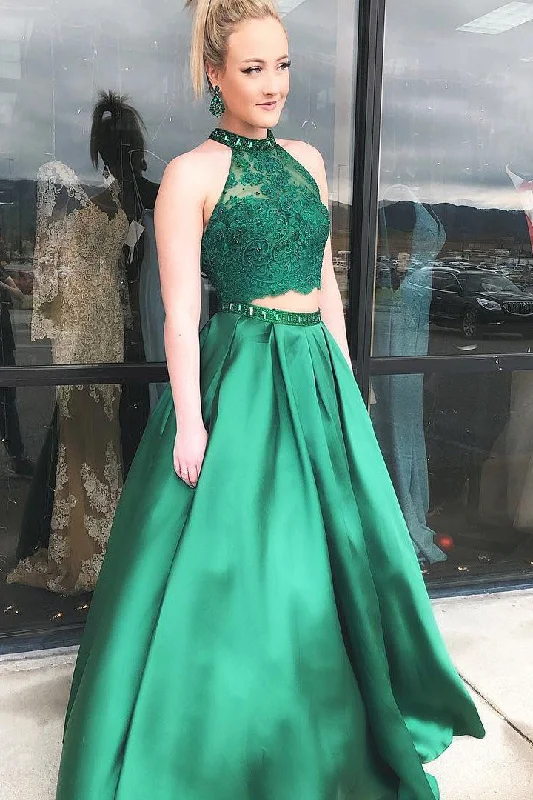 Two Pieces Halter A Line Satin Green Long Prom Dresses With Beads DMJ71 Tunics Handmade artisanal