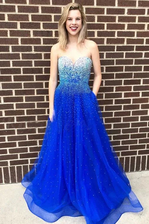 A-Line Sweetheart Floor-Length Royal Blue Prom Dress with Beading Pockets DMQ93 Tunics Cozy soft