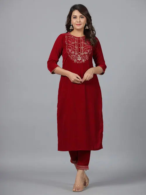 Juniper Women Maroon Velvet Embroidered Kurta & Pants Set Chic Checkered Pants