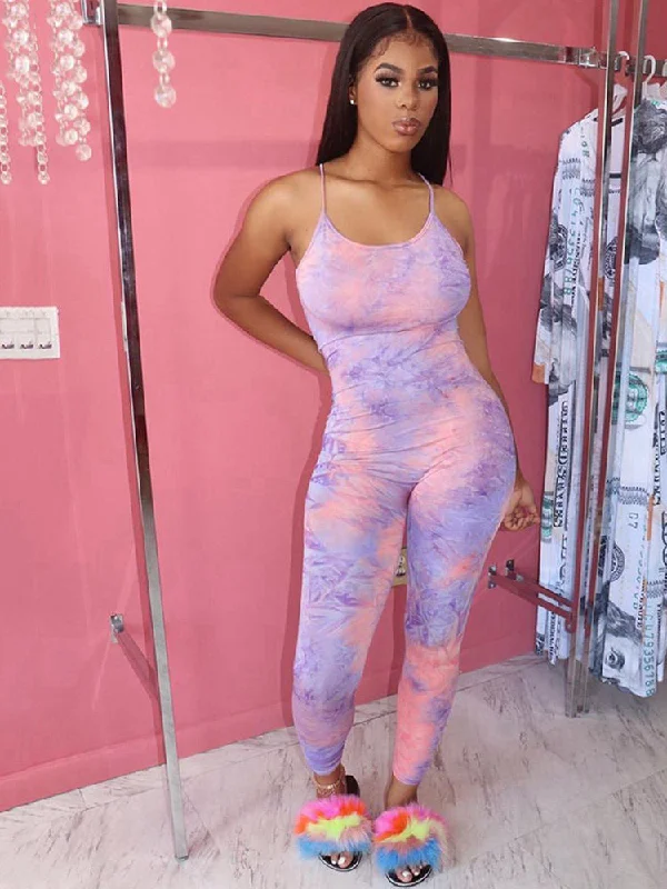 Spaghetti Strap Tie Dye Long Pants Jumpsuits