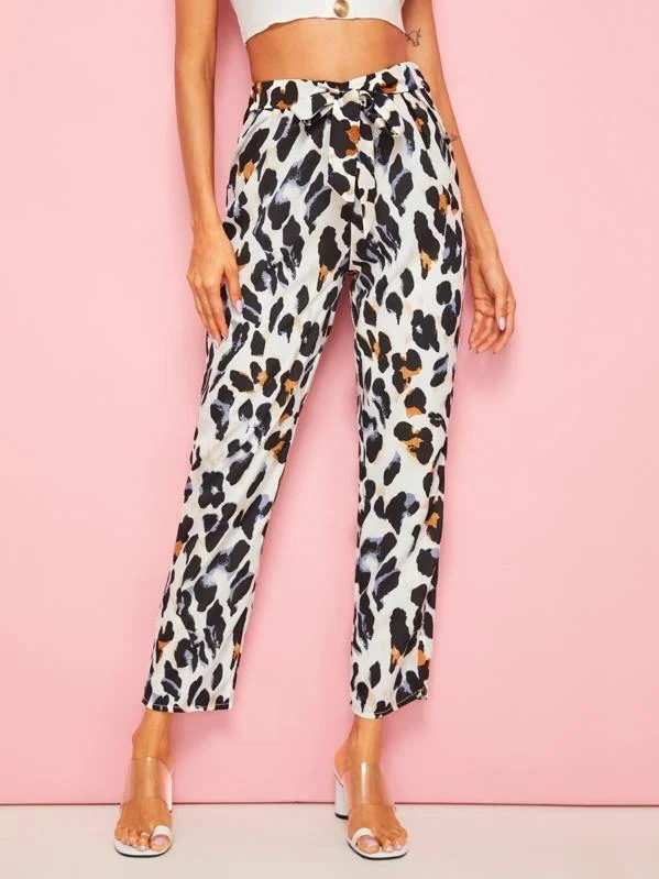 Leopard Tie Front Pants Classic Flared Pants