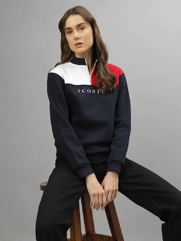 Iconic Women Colour Blocked Stand Collar Full Sleeves Sweatshirt Hoodie with Logo Branding Identity