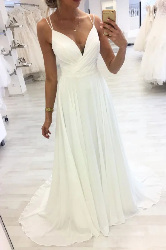 White V Neck Straps Chiffon Long Prom Dress A Line Evening Dress DMQ38 Tunics Mesh breathable