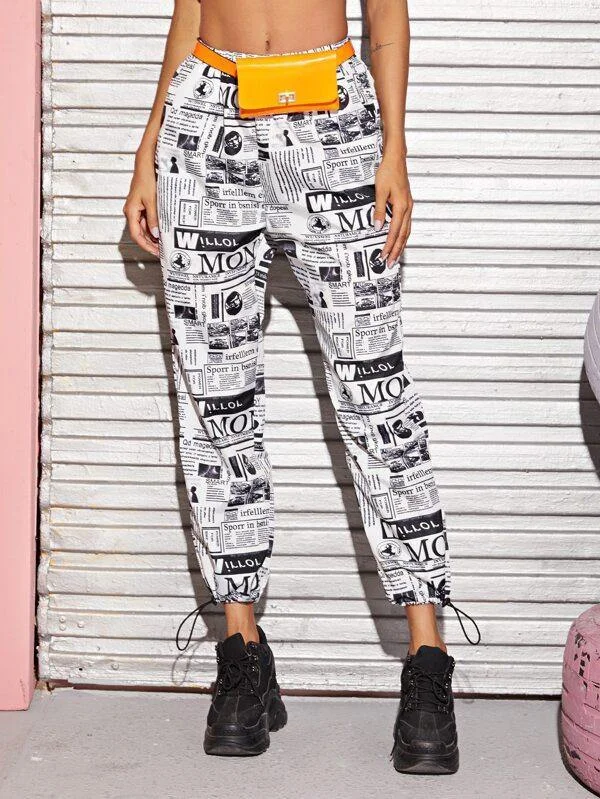 Drawstring Hem Newspaper Print Pants Without Bag High-Waist Yoga Pants