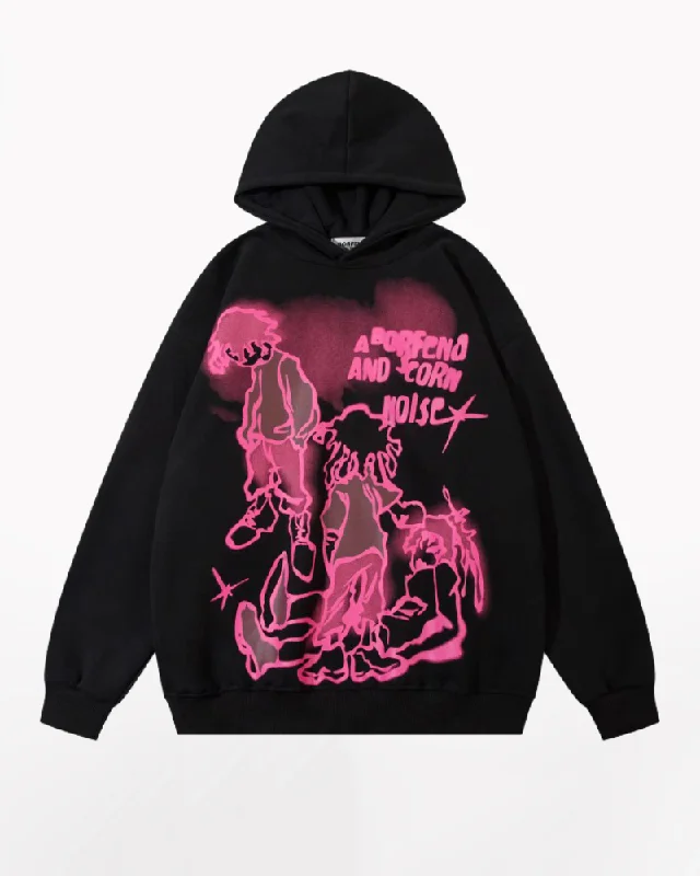 Streetwear Cartoon Graffiti Couple Hoodie Hoodie with Hem Fringe Bohemian Relaxed
