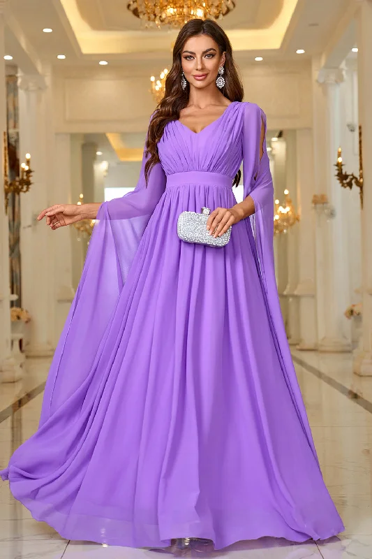 Purple A Line V Neck Long Sleeves Chiffon Prom Dress Tunics Party sparkling