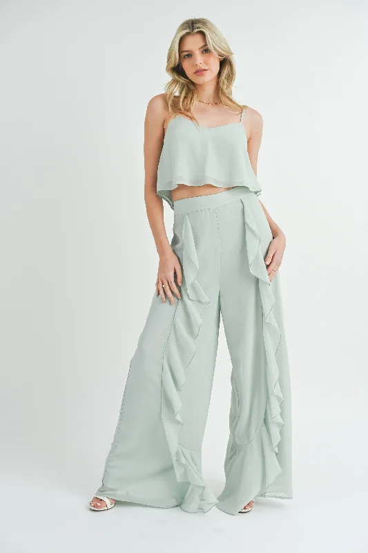 Crop Cami Top & Ruffled Palazzo Pants Set Lightweight Linen Pants