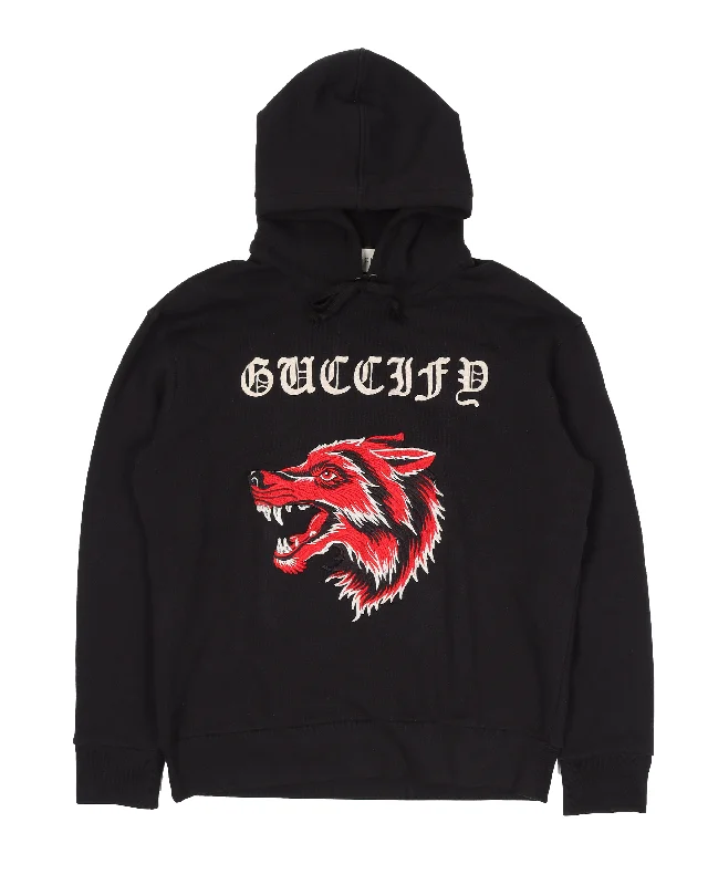 "Guccify" Wolf Embroidered Hoodie Hoodie with Half-Zip Sporty Casual