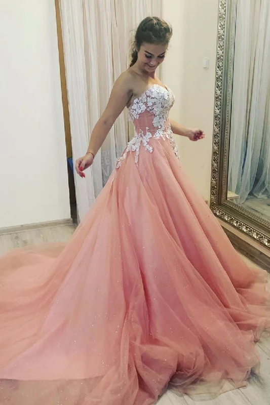 A Line Sweetheart Tulle Appliques Prom Dresses, Long Formal Dress DMQ4 Tunics Short Trendy