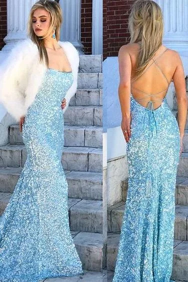 Mermaid Sky Blue Sequins Long Prom Dress Cheap Evening Dresses DMR57 Casual Short Summer