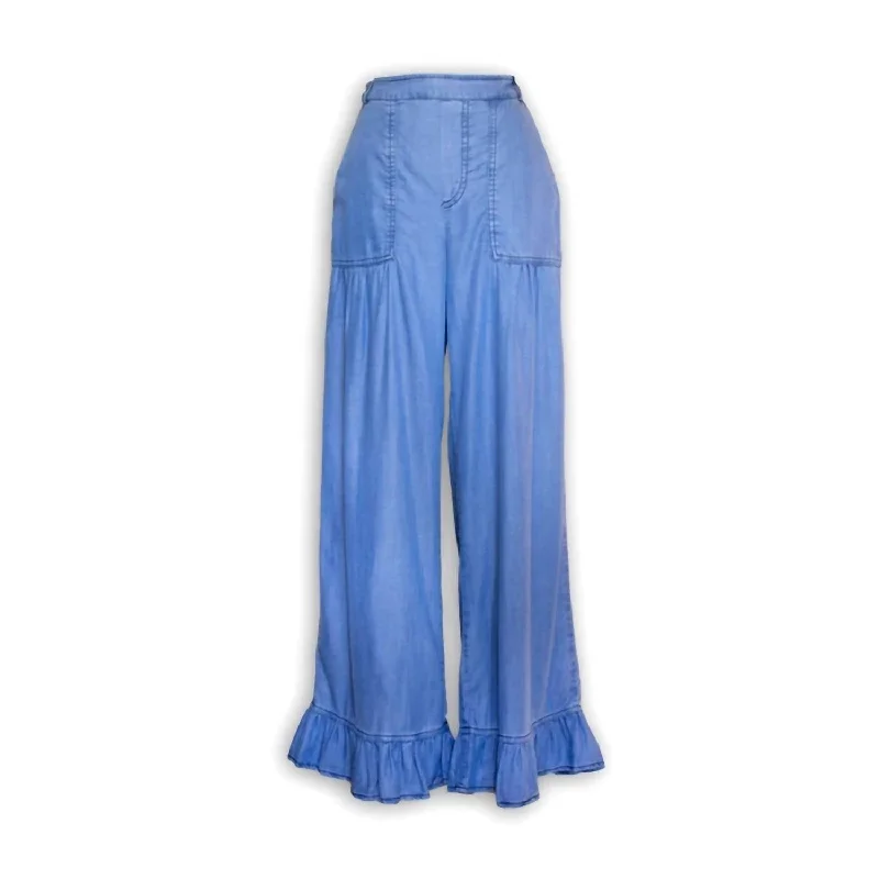 Chambray Ruffle Hem Pants Fashionable Sporty Pants