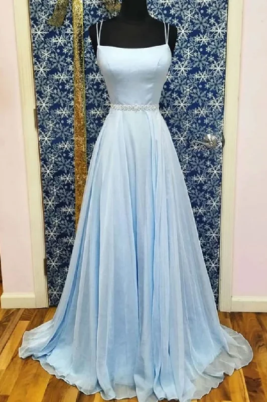 A-line Spaghetti Straps Light Sky Blue Long Simple Prom Dresses Evening Gowns DMR66 Floral Print girly