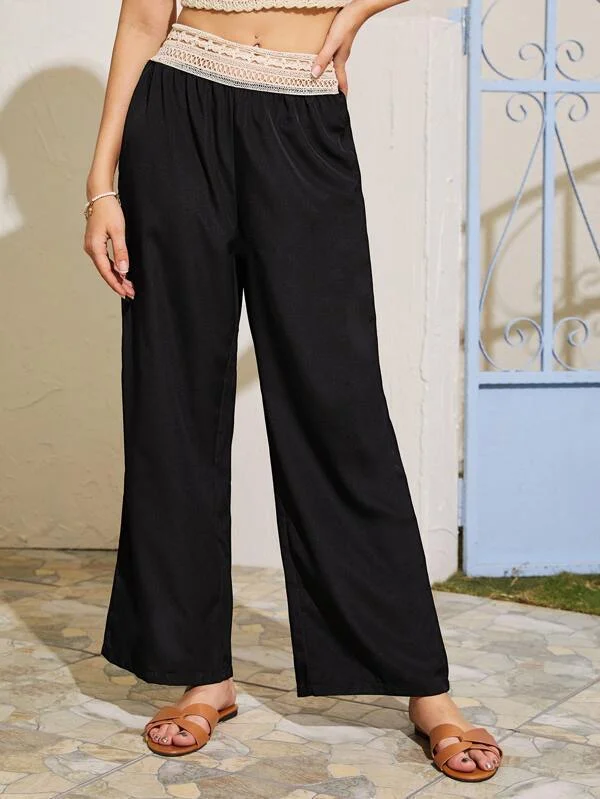 Crochet Panel Wide Leg Pants Comfortable Denim Pants