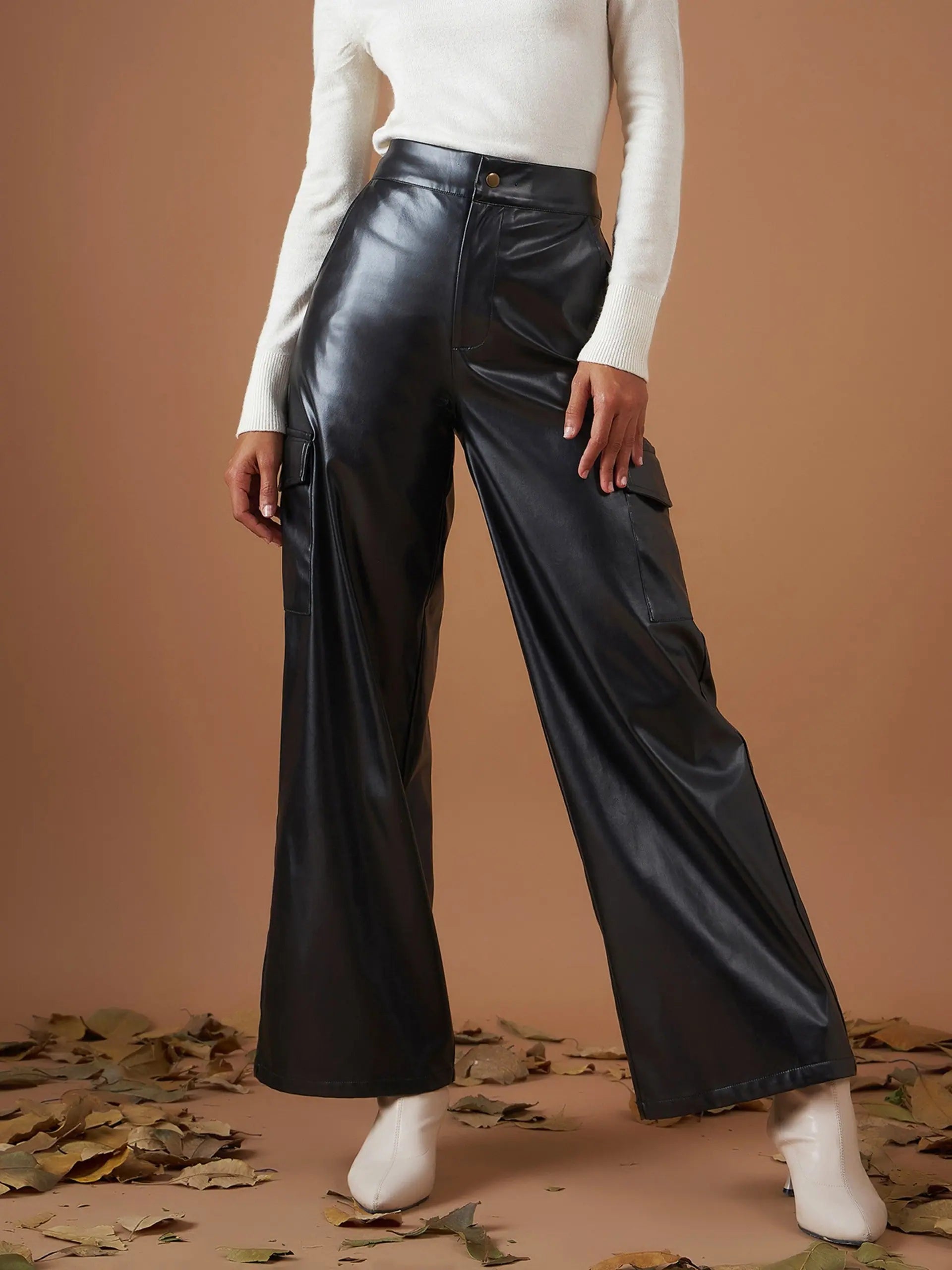 Women Black Pu Flap Pocket Straight Pants Sleek Black Pants
