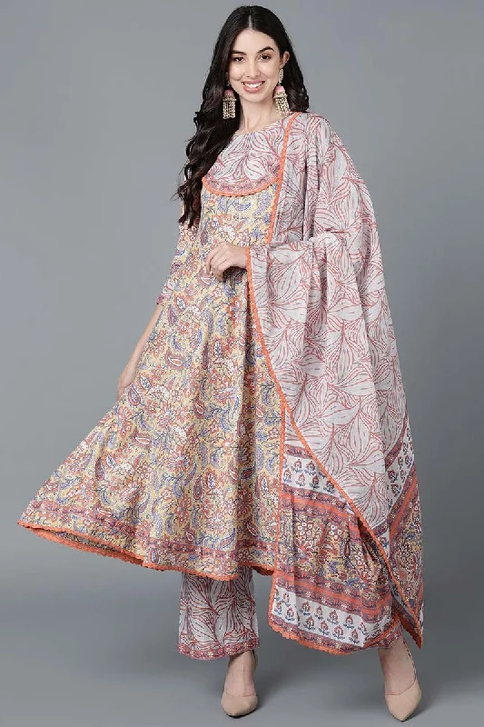 Cream Cotton Anarkali Kurta Pant With Dupatta Set