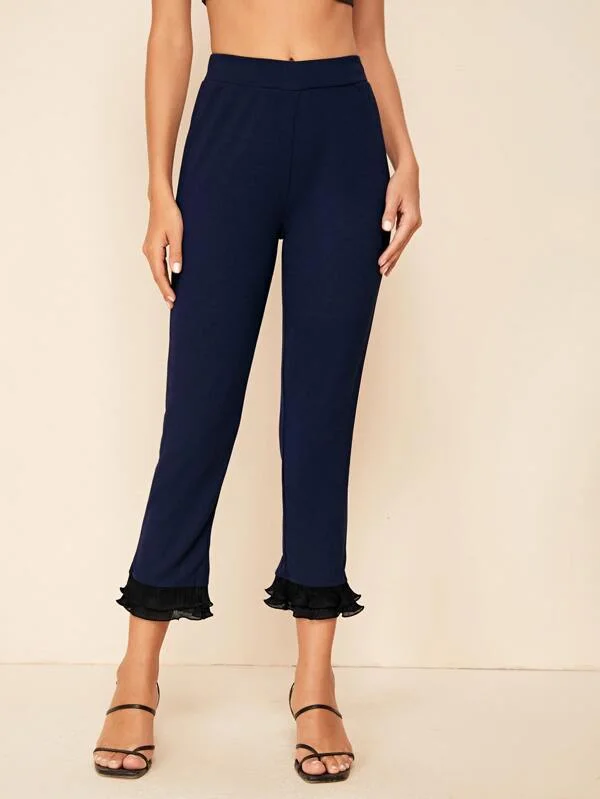 Contrast Layered Pleated Ruffle Hem Pants Lightweight Linen Pants