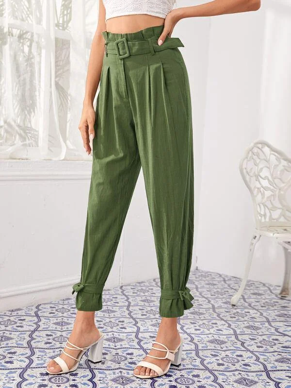 Paperbag Waist Belted Solid Pants Trendy Velvet Pants