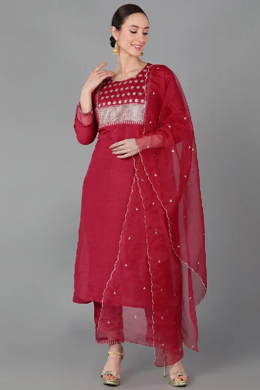 Fuchsia Poly Silk Straight Kurta Pant With Dupatta