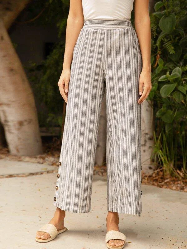 Buttoned Hem Striped Pants Elegant Silk Pants