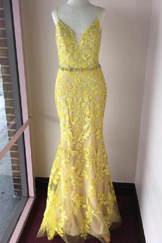 Trumpet/Mermaid Spaghetti Straps Lace Yellow Long Elegant Prom Dresses Evening Dress DMS98 Tunics Luxurious high-end