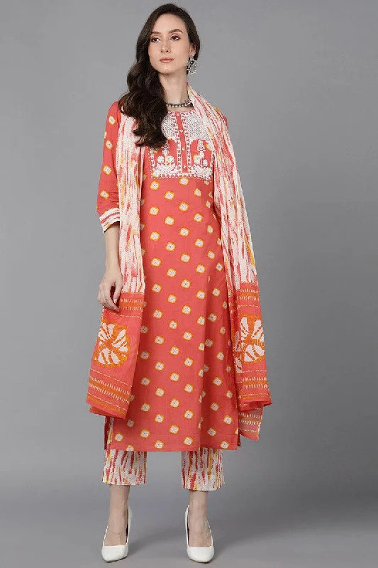 Orange Cotton Straight Kurta Pant With Dupatta