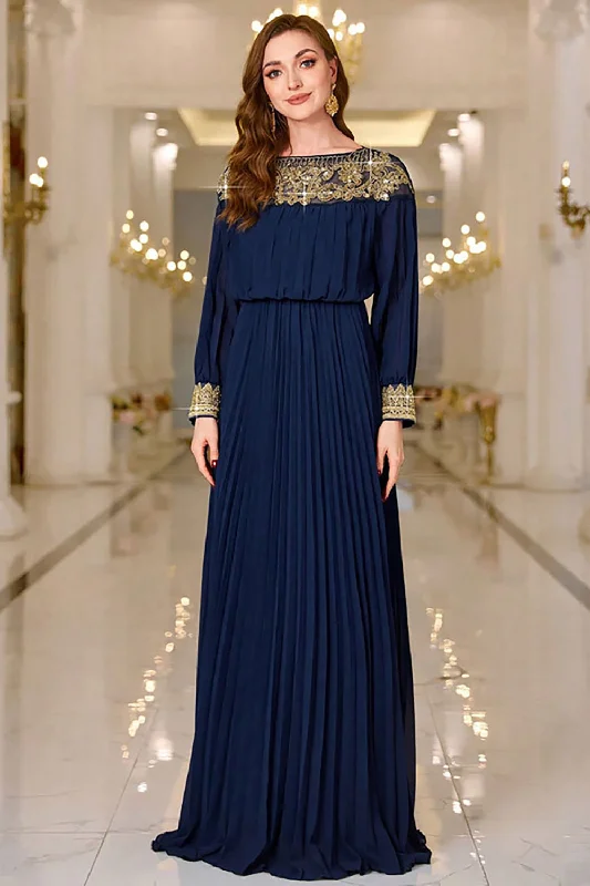 Navy Pleated A Line Boat Neck Long Prom Dress Tunics Cozy soft