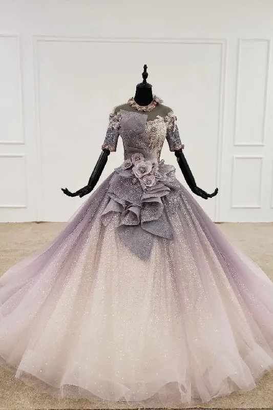 Sparkly Ball Gown Half Sleeves Ombre Quinceanera Dresses with Flowers DMS90 Tunics Luxurious premium