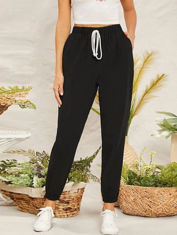 Knot Waist Pocket Side Tapered Pants Classic Cropped Pants