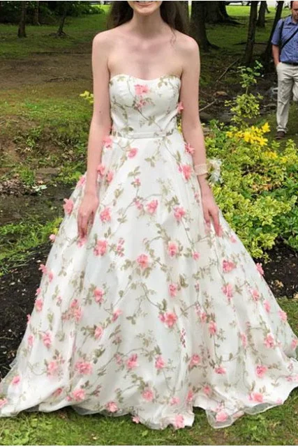 A Line Floral Long Prom Dresses Strapless Beautiful Flower Printed Prom Dress DMR43 Tunics Chic fashionable