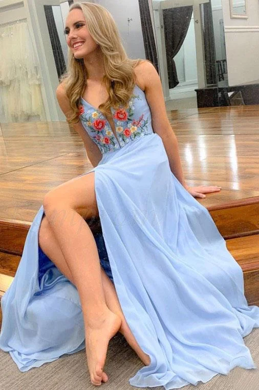 A-Line Spaghetti Straps Light Blue Chiffon Long Prom Dress with Embroidery Split DMQ92 Tunics Leisure comfortable