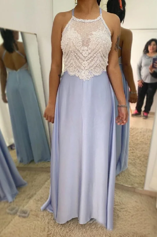 Halter Neckline Lilac Chiffon Lace Appliques Long Prom Dresses DMS85 Tunics Sophisticated sleek