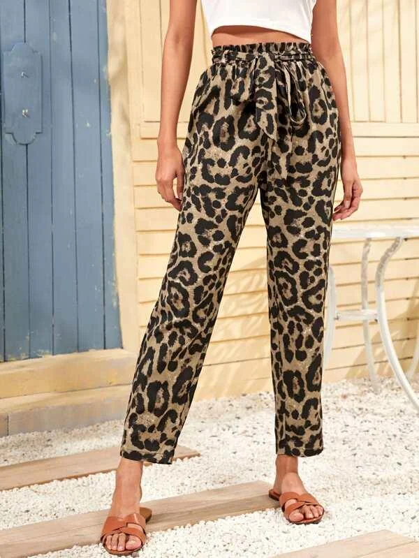 Belted Leopard Print Pants Comfortable Pleated Pants