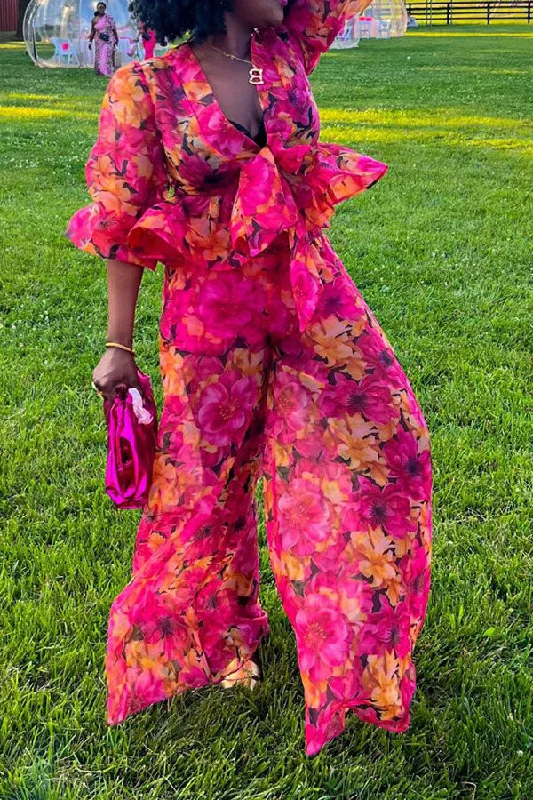 storexq Floral Print Pretty Lace-Up Peplum Pant Suit Stylish Paperbag Waist Pants
