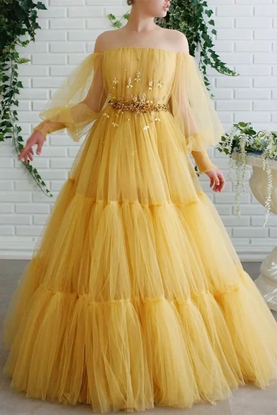 A-line Off-the-shoulder Yellow Tulle Long Prom Dresses Evening Dress DMS56 Tunics Corduroy durable
