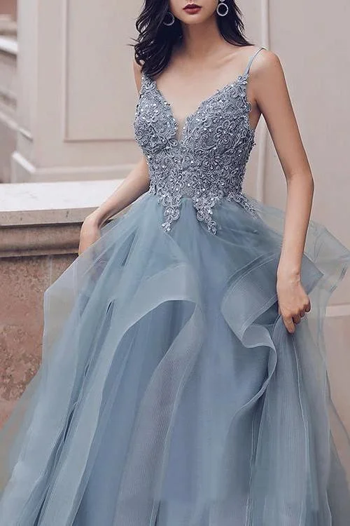 Deep V Neck Appliqued Spaghetti Straps Multi-Layered Organza Blue Bridal Dresses DMS11 Tunics Fashionable chic