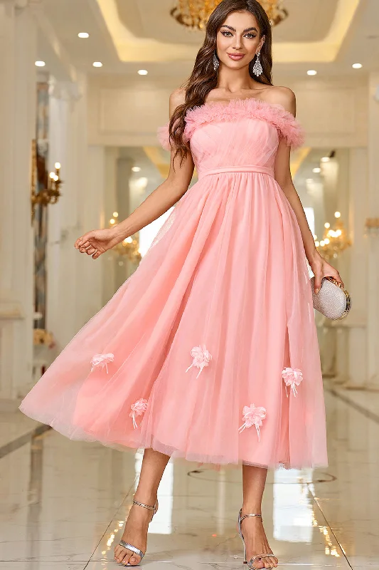 Pink A Line Off The Shoulder Prom Dress with Lace Up Back Tunics New arrival