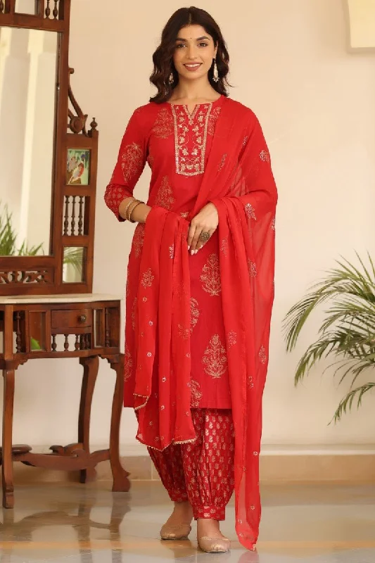 Cotton Red Embroidered Work Straight Kurta Pant Dupatta Set