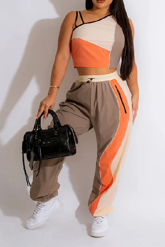 storexq Color Block Patchwork Sporty Pant Suit Elegant Wool Trousers